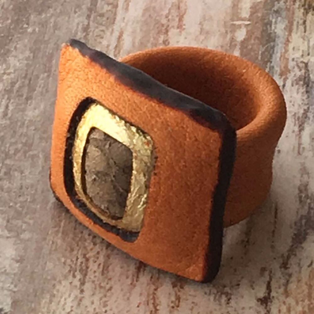 Orange, brown & gold leather ring
